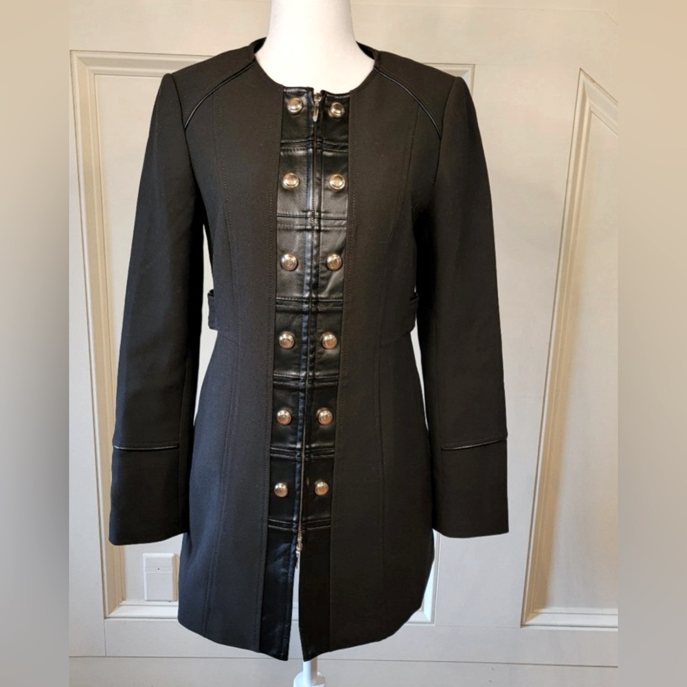 White House Black Market Women Black Faux Leather Trim Military Jacket Size S‎